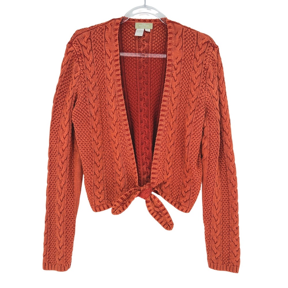 Territory Ahead Cable Knit Cardigan Womens M Orange Tie Front Cotton Sweater